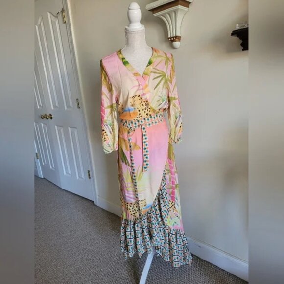 Farm Rio Tiger Tropical Print Wrap Maxi Dress size L - Picture 4 of 9